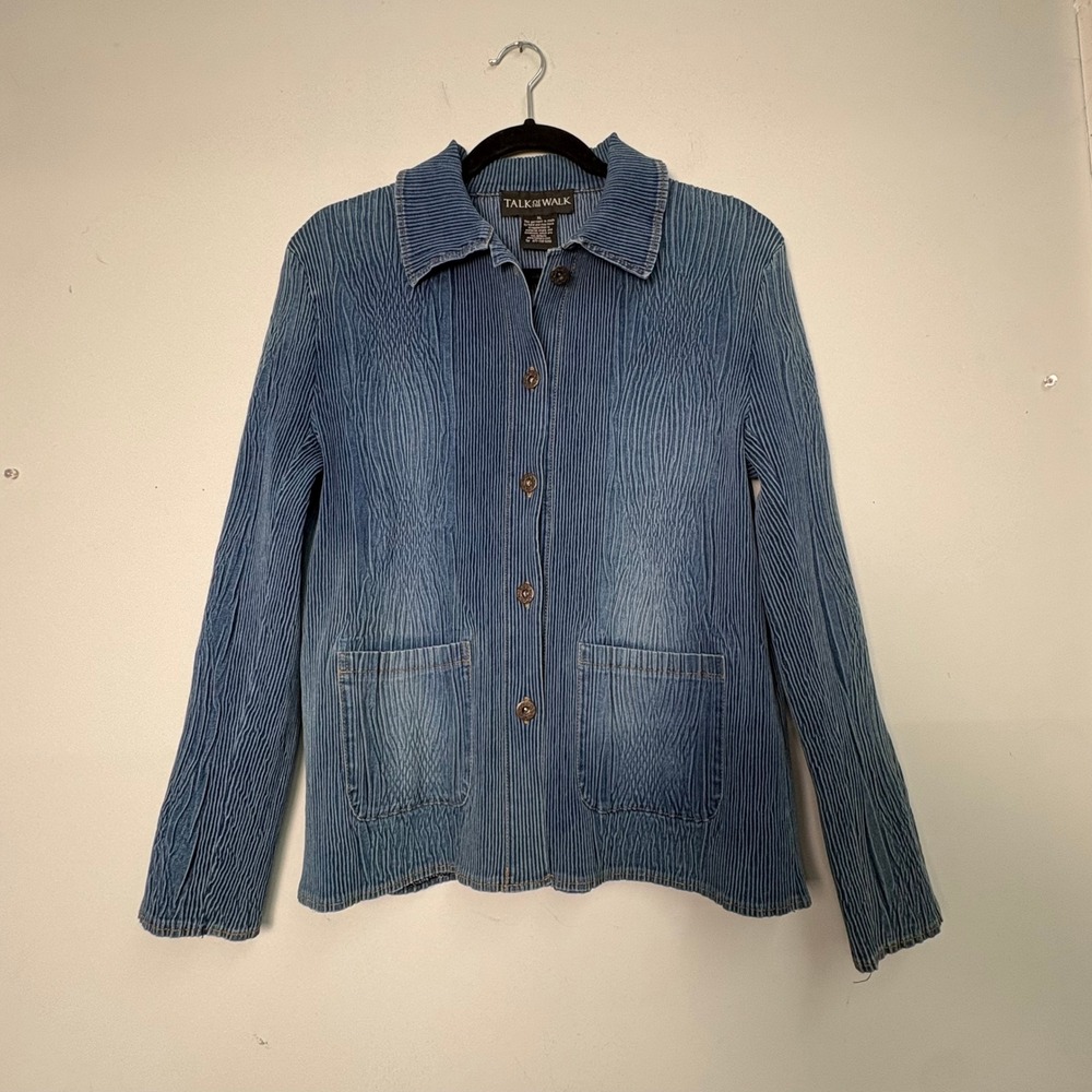 Talk of the Walk Blue Crinkle Pleated Denim Look Shirt XL Button Front Artsy